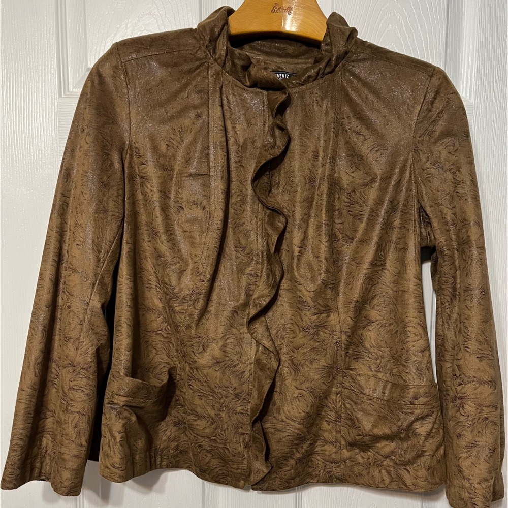 Elementz Brown Faux Leather Ruffle Front Jacket Women's Plus Size 1X